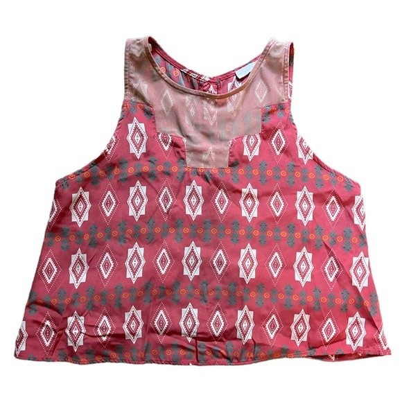 LUSH Medium Open Back Tank Top Aztec Pattern, Mesh Cutout, Tribal Sleeveless Top - Picture 5 of 11